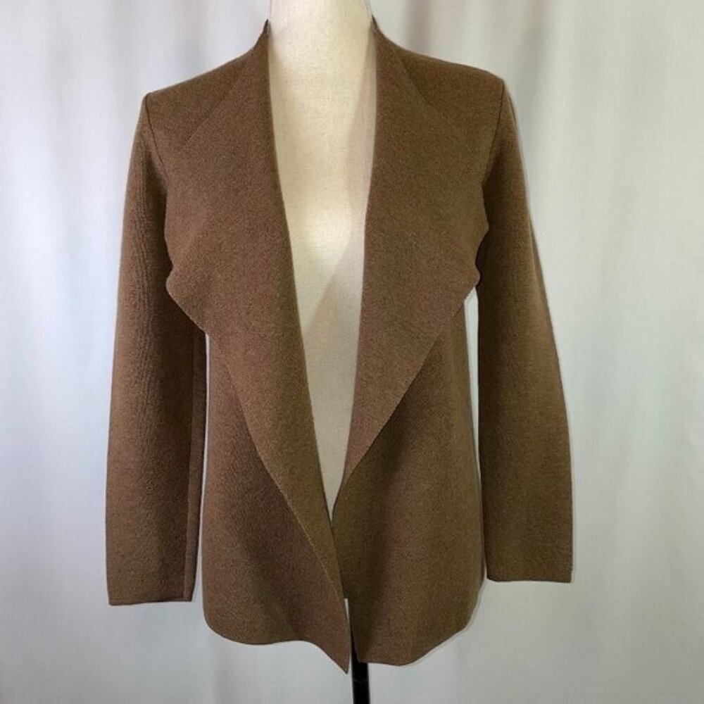 Eileen Fisher 100% Wool Cardigan Open Front Hazelnut Brown Drape Front Size S